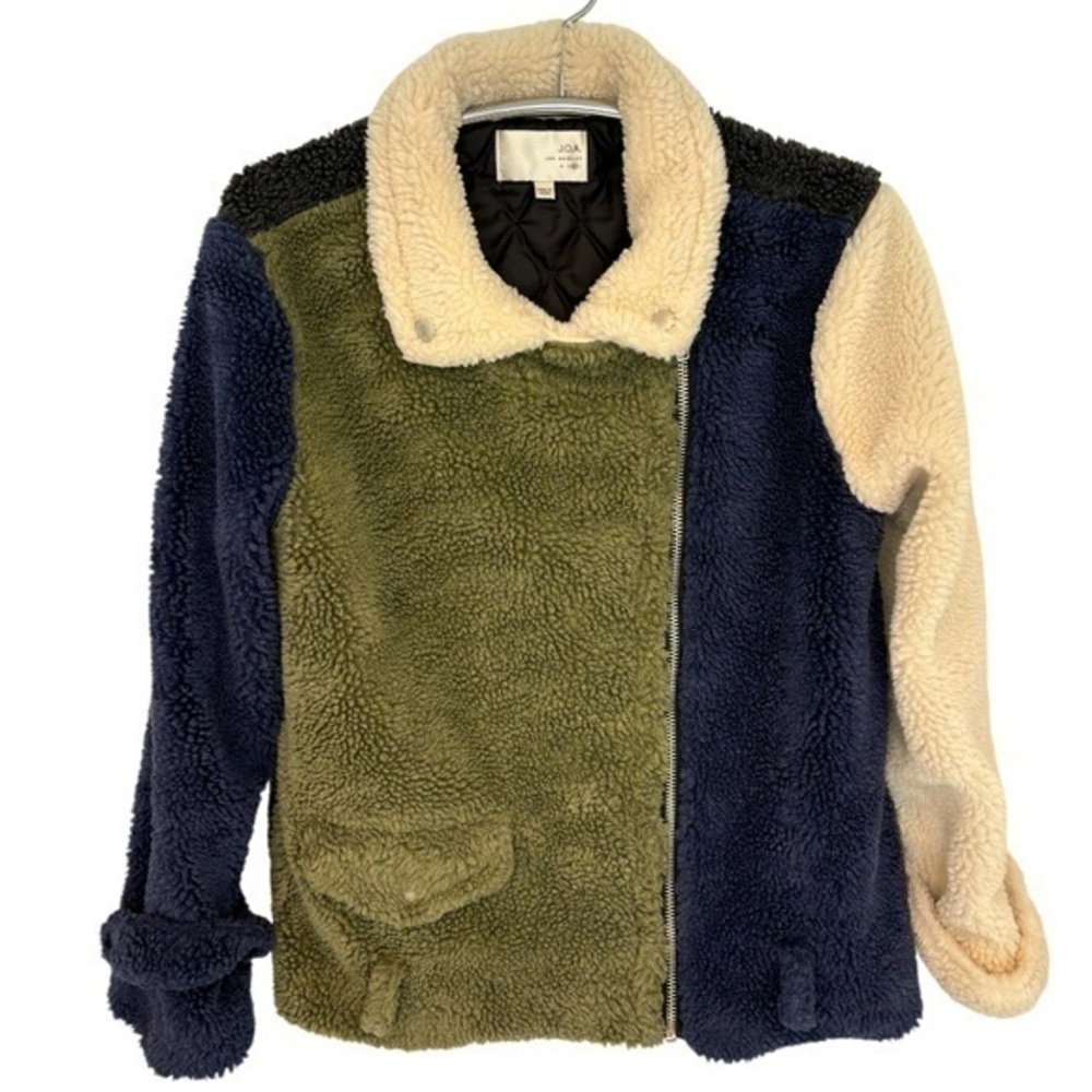 J.O.A. Colorblock Sherpa Jacket in Olive Green, Navy & Cream